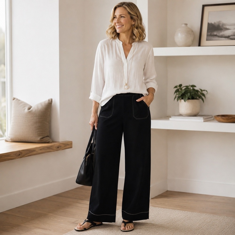 Jones & Co Black Wide Leg Pants Contrast Stitch Women's Size 8 Flare Trousers
